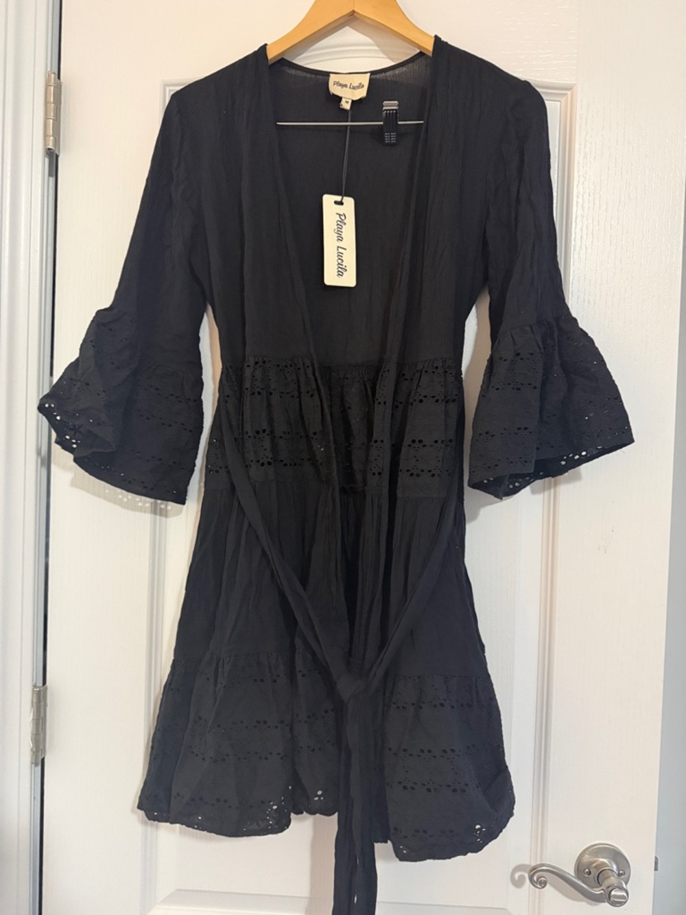 Playa Lucila  Black Eyelet Tie Waist Mini Dress